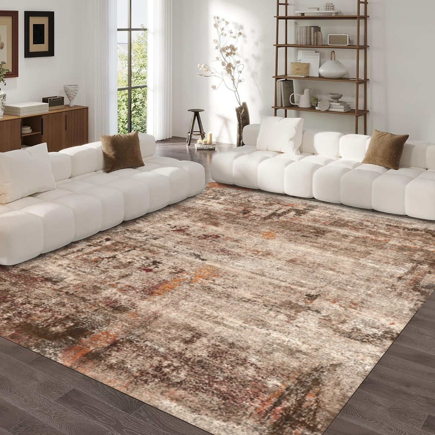 Area Rugs for Living Room 8'x 10' Machine Washable Vintage Print Large Throw Non Slip Bedroom Rugs, Brick Red