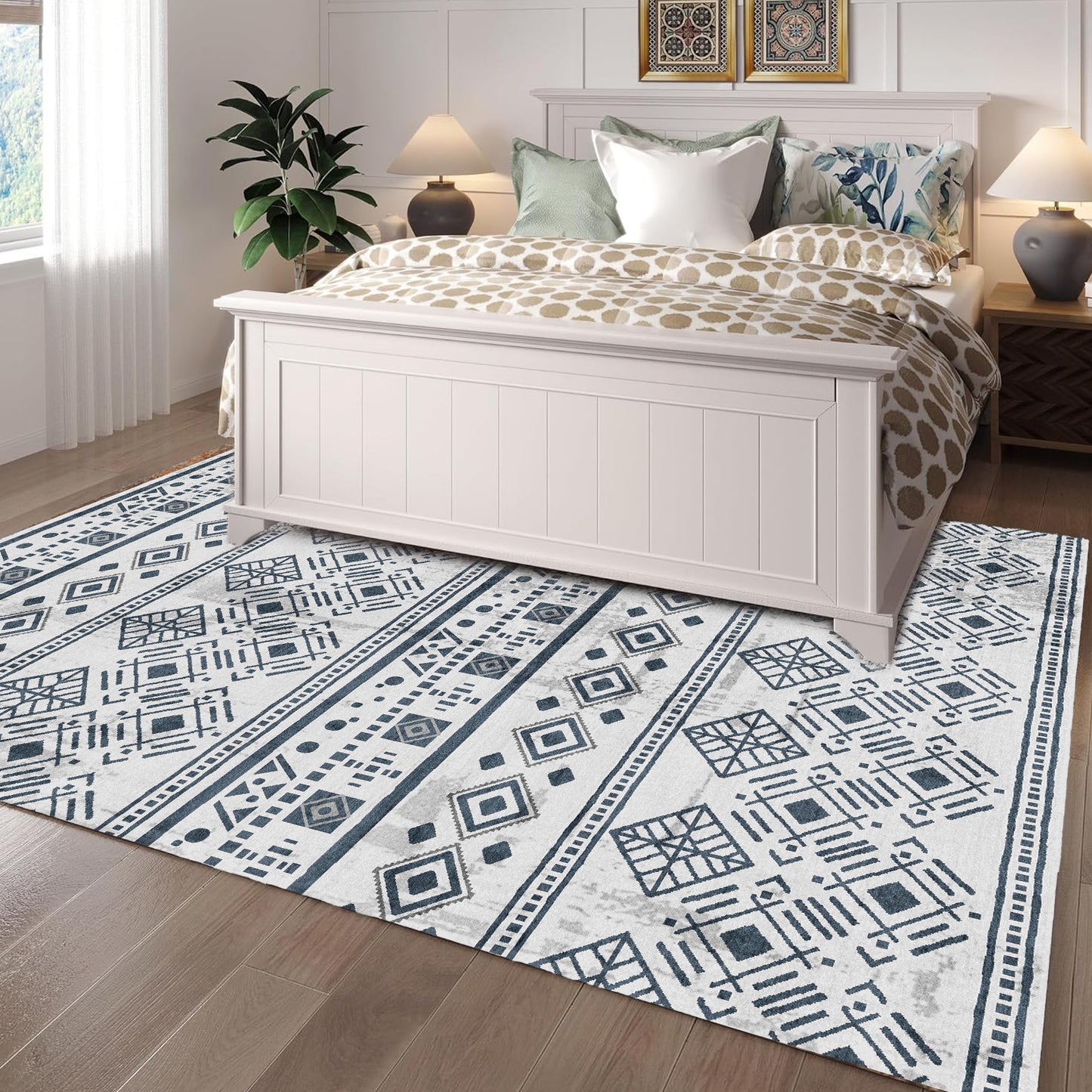 Black Boho 6x9 Area Rugs, Washable Kitchen Entry Rug Non Slip, Ultra Soft Print Distressed Geometric Low-Pile Throw Carpet for Bedroom Nursery Dorm Decor