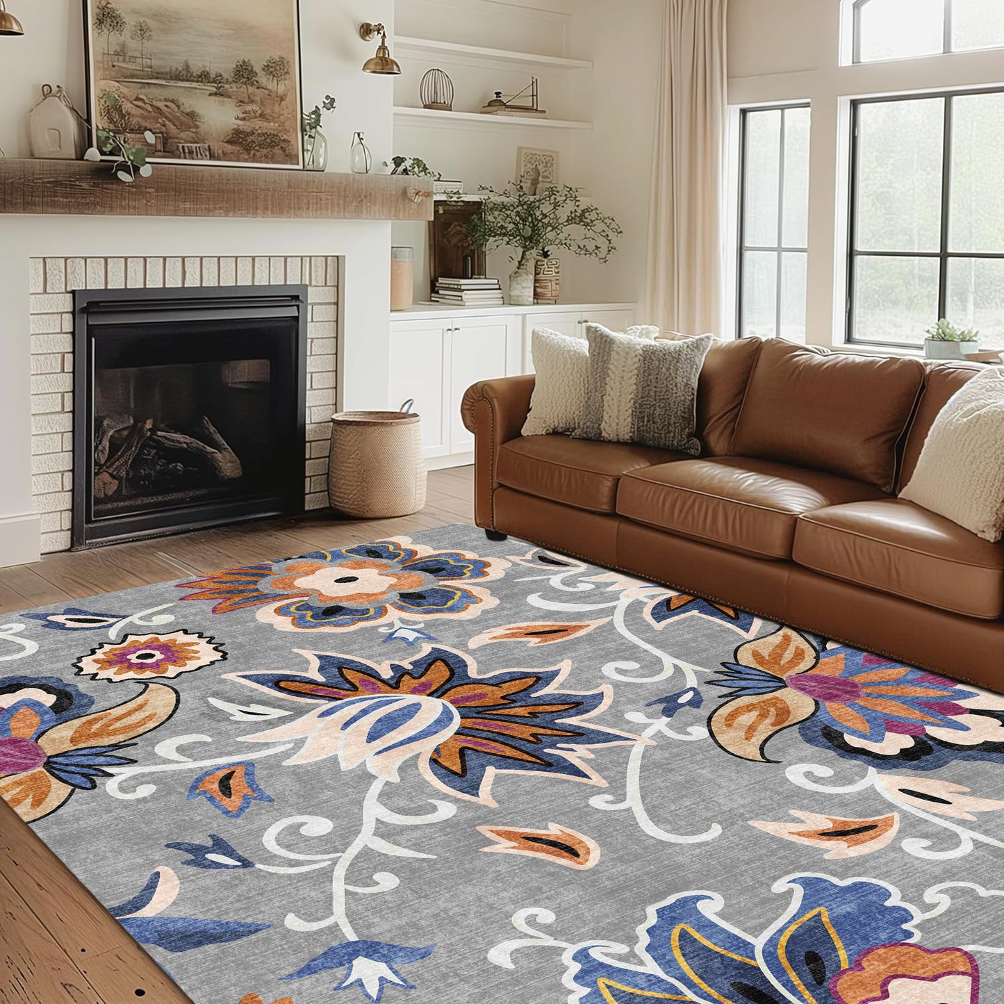 Floral Area Rug 5x7 Living Room Rug Non Slip Washable Bedroom Rug Soft Low Pile Flowers Floor Carpet for Living Dining Room,Blue