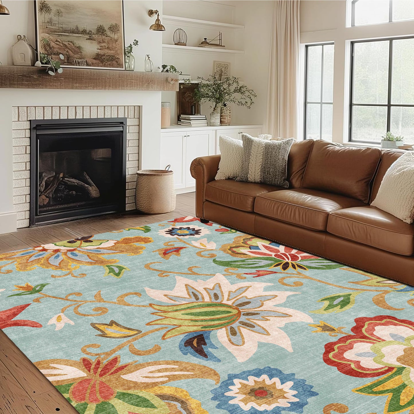 Floral Area Rug 5x7 Living Room Rug Non Slip Washable Bedroom Rug Soft Low Pile Flowers Floor Carpet for Living Dining Room,Red