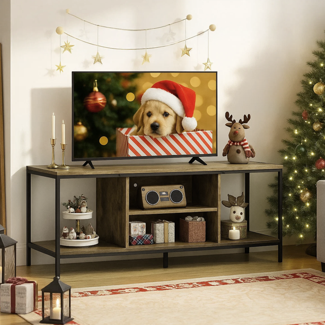 Dowellia Mid-Century Wooden TV Stand for TVs up to 60" with Open Storage Shelves and Metal Frame - Retro