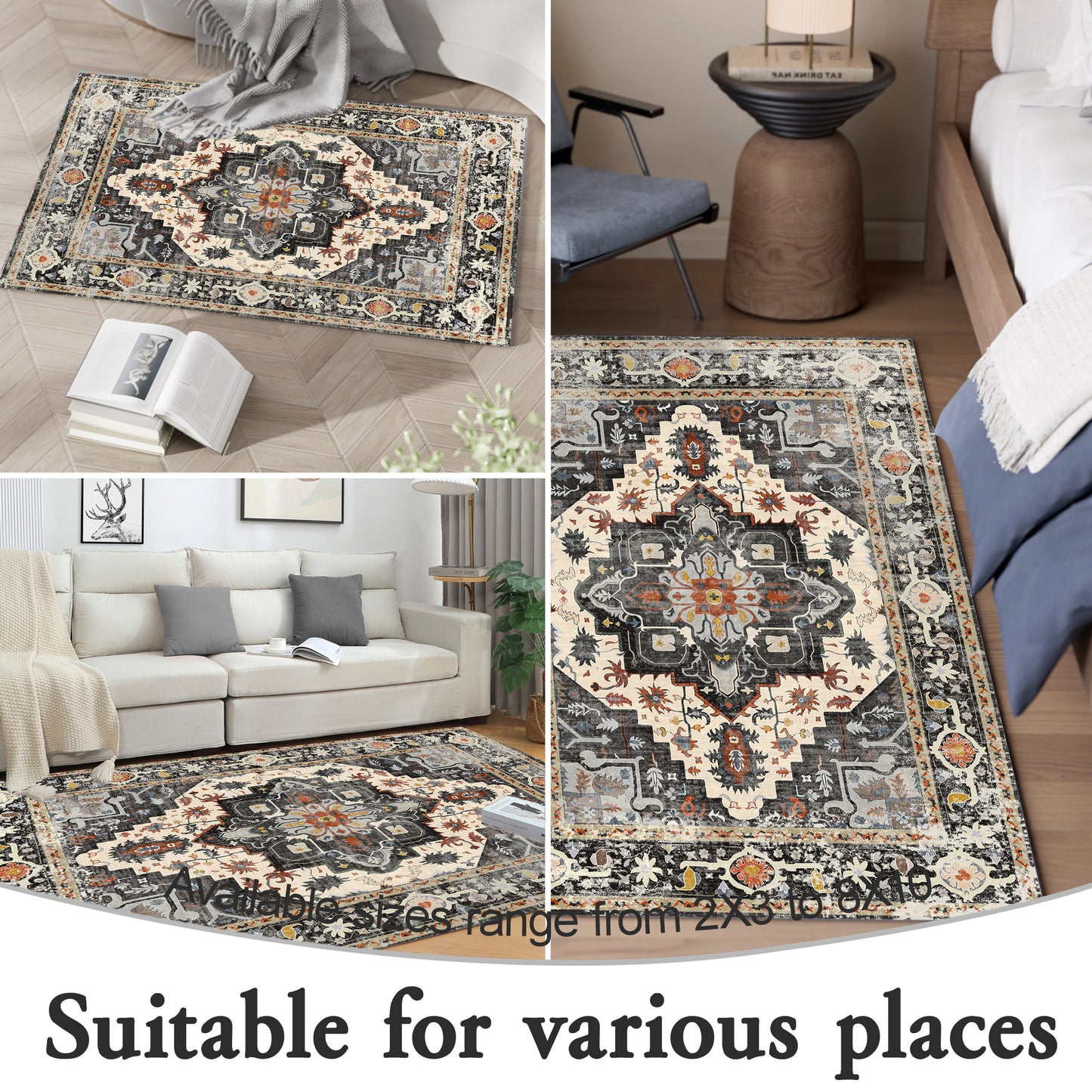 2x3 Entryway Rug, Soft Washable Rugs, Non Slip Area Rug, Stain Resistant Low Pile Rugs for Bedroom, Vintage Rug for Door Mat, Black