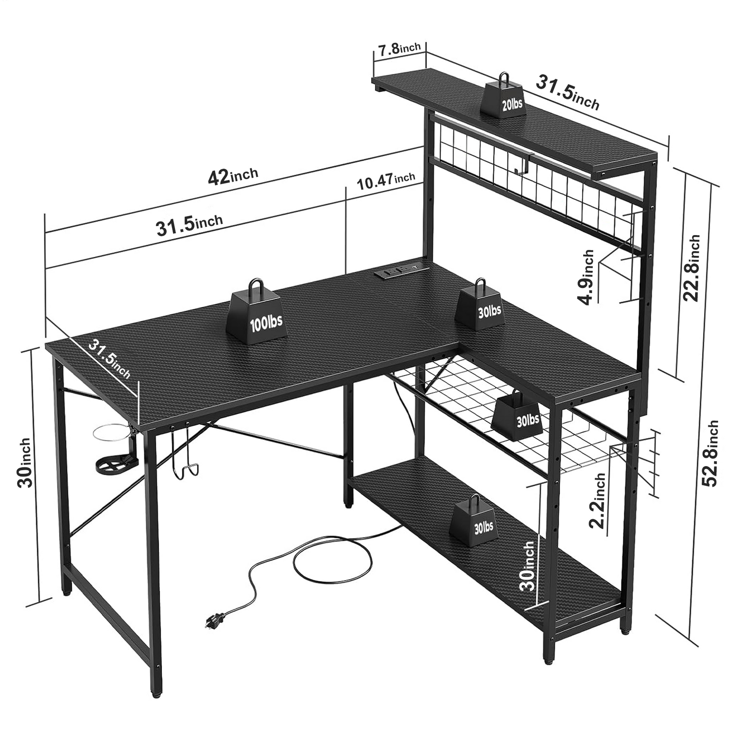 L Shaped Desk Gaming Desk with Power Outlet, 42 inch Reversible L Shaped Computer Table with Shelf & Storage Bag & Hook for Home Office, Black