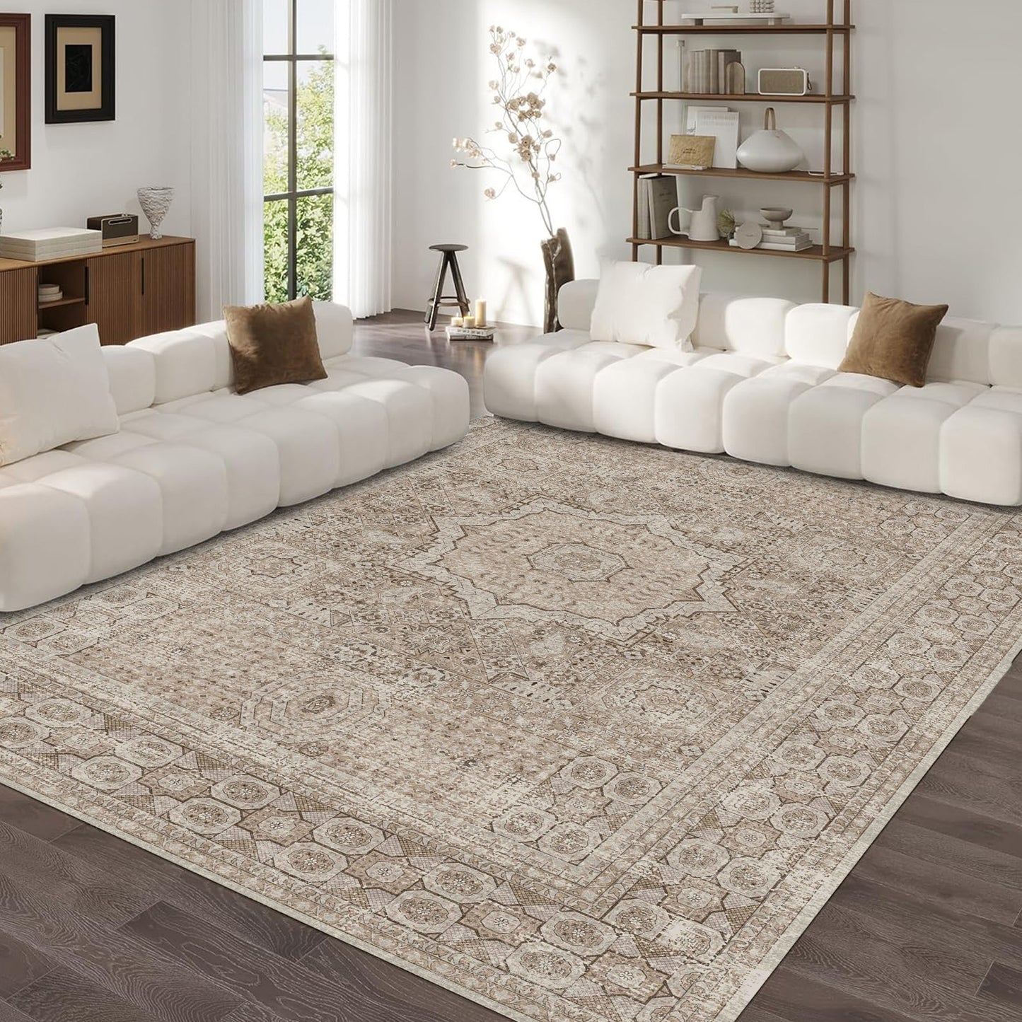 Area Rugs for Living Room 8'x 10' Machine Washable Vintage Print Large Throw Non Slip Bedroom Rugs, Brown