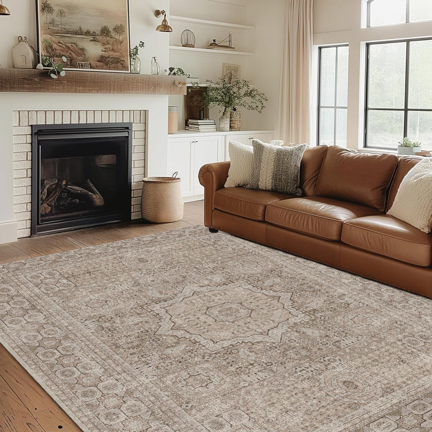Area Rugs for Living Room 5'x 7' Machine Washable Vintage Print Large Throw Non Slip Bedroom Rugs, Brown