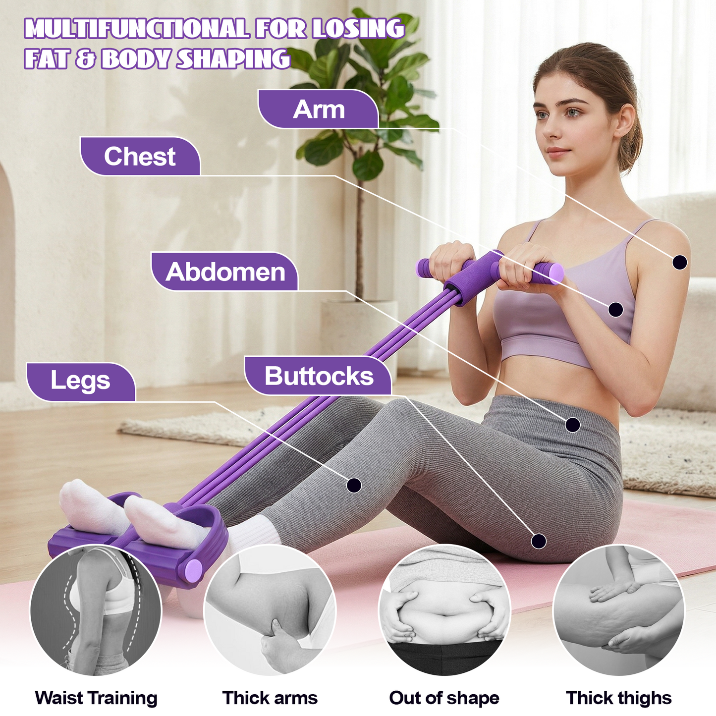 Dowellia Pedal Resistance Bands with Handles, Upgrade 6-Tubes Fitness Stretching Bands for Exercise Abdomen, Waist, Arm, Leg, Multifunction Workout Equipment for Home Gym Equipment, Purple