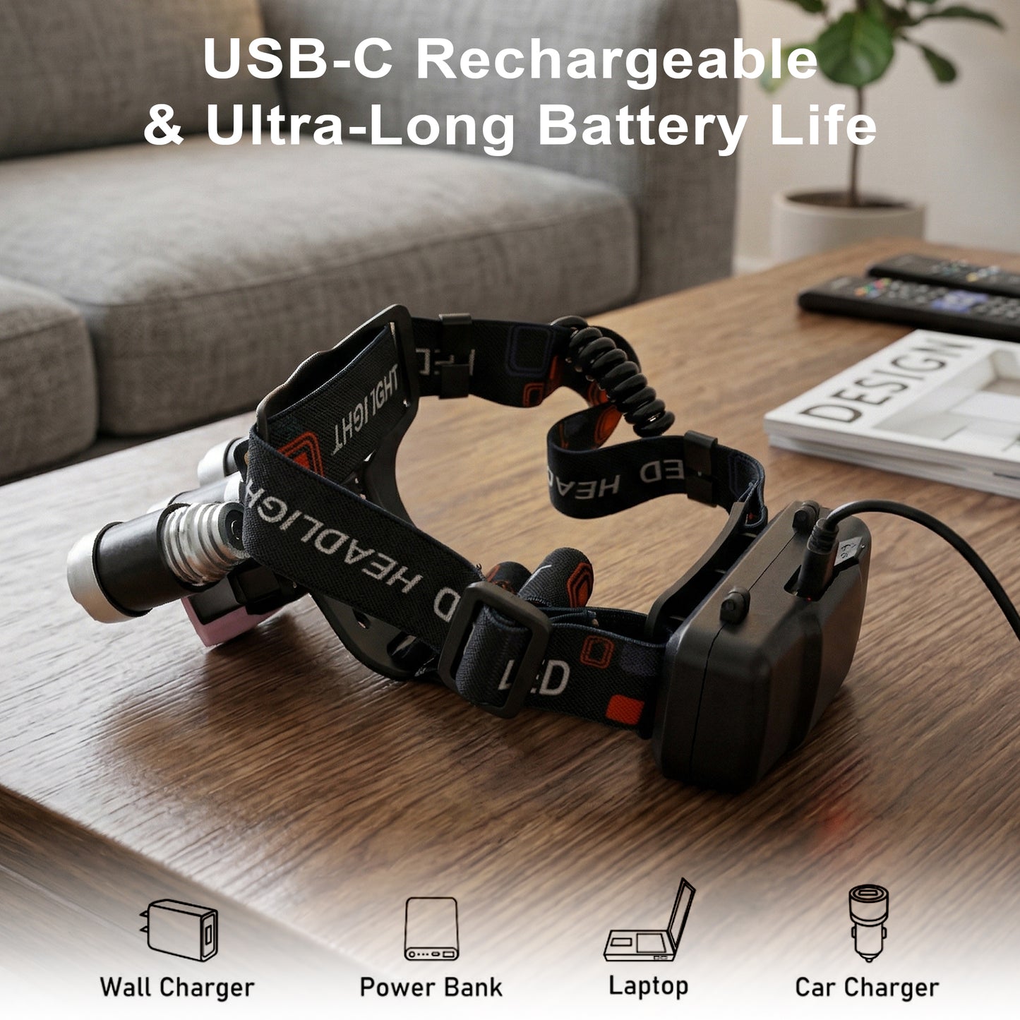 Dowellia LED Headlamp Rechargeable, Head Lamp with 3 Lights 4 Modes, IPX6 Waterproof, 90° Adjustable Headlight for Outdoor, Camping, Hiking, Fishing