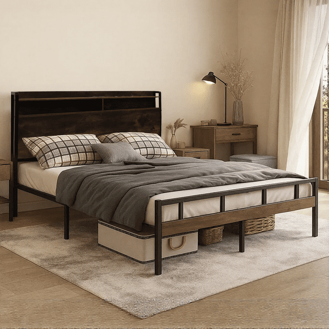 Queen Bed Frame with Storage Headboard, LED Lights and USB Charging Station, Metal Bed Frame, Rustic Brown