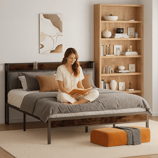 Dowellia Queen Bed Frame with Upholstered Storage Headboard and Wood Footboard, Gray