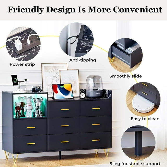 Dresser, Wooden Dresser for Bedroom, 8 Drawer Dresser with Charging Station, Black