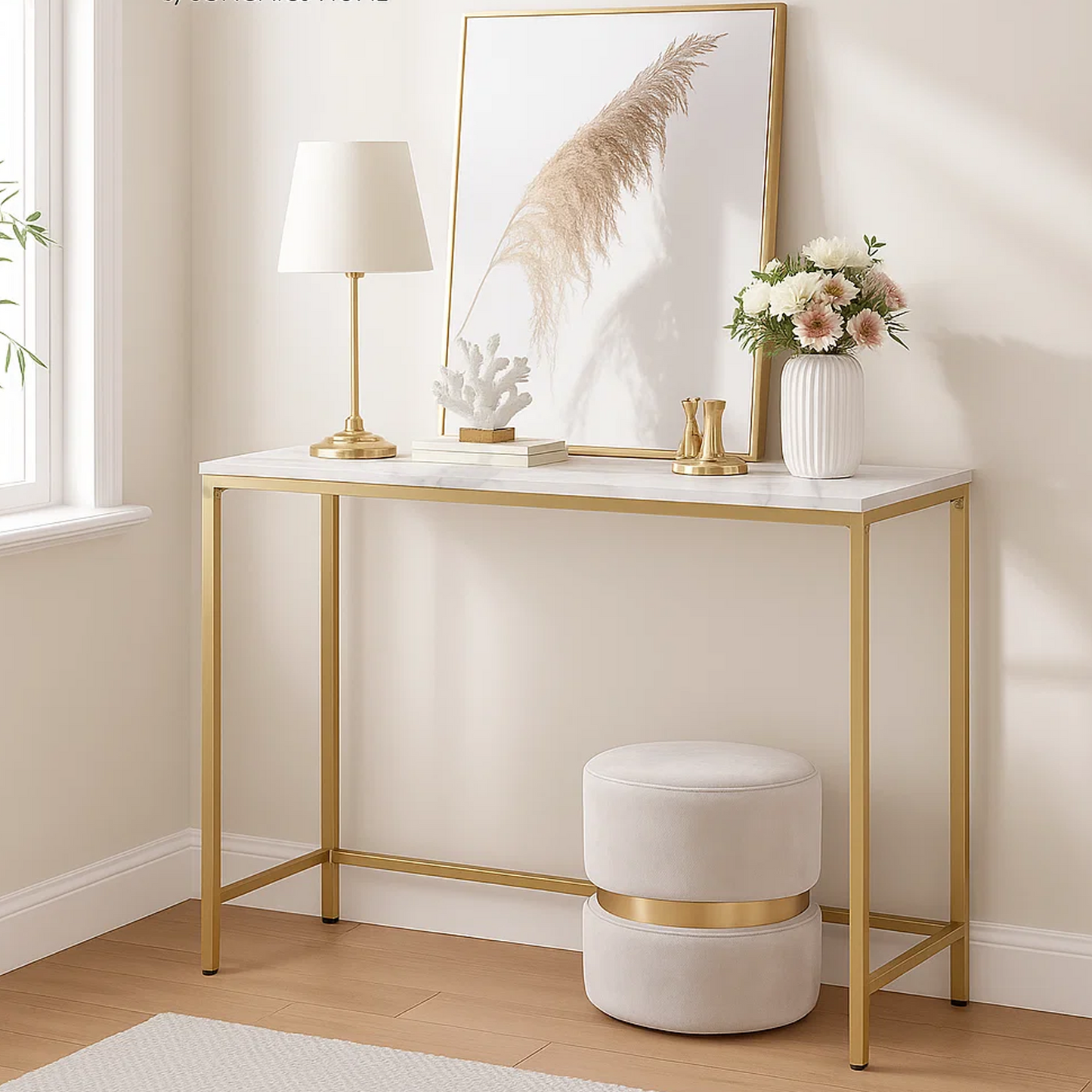 Dowellia Entryway Dresser, Faux Marble MDF Style Panel Sofa Table with Gold Border (Single, White Marble)