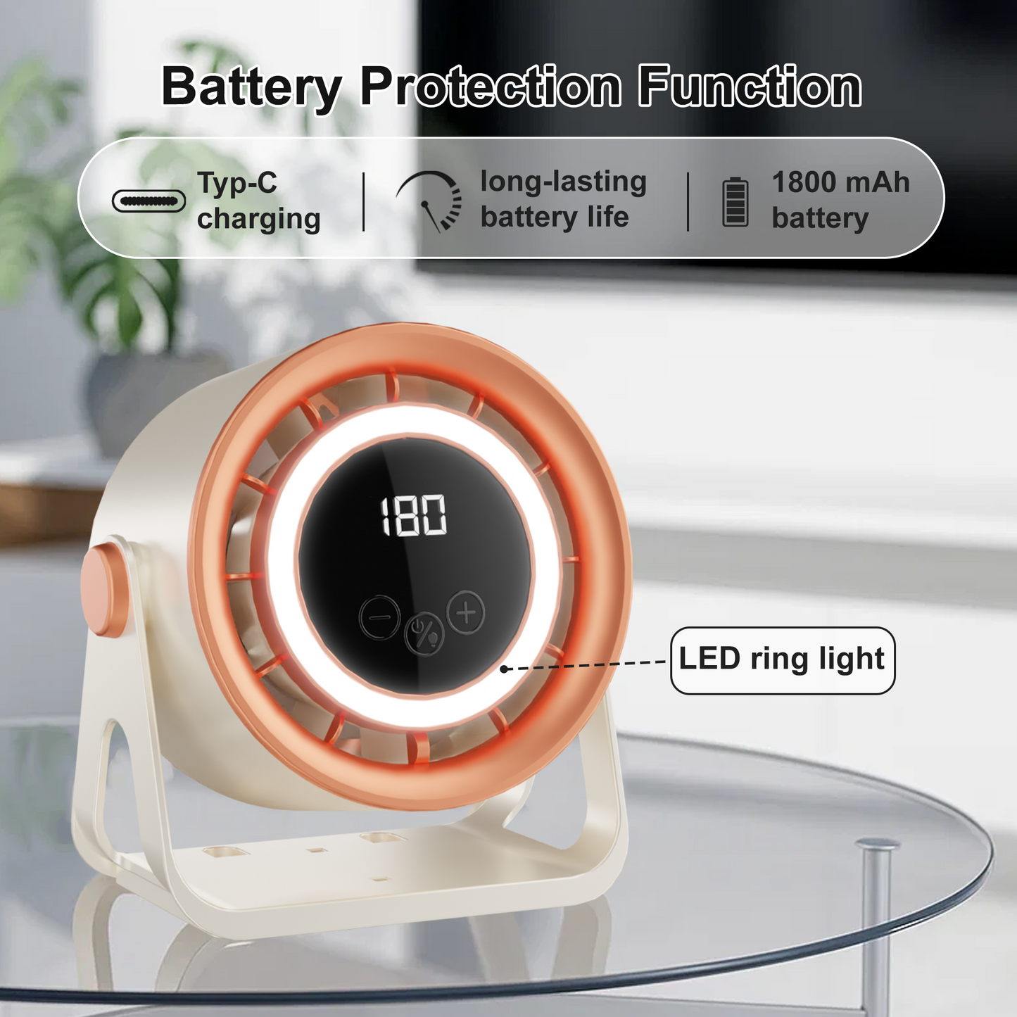 Desk Fan, Rechargeable Portable Fan with Digital Display, 180-Level Seamless Speed Control & 360 ° Rotation, 3-in-1 Air Circulation Fan for Bedroom, Office, Kitchen, Camping, Yellow&Orange