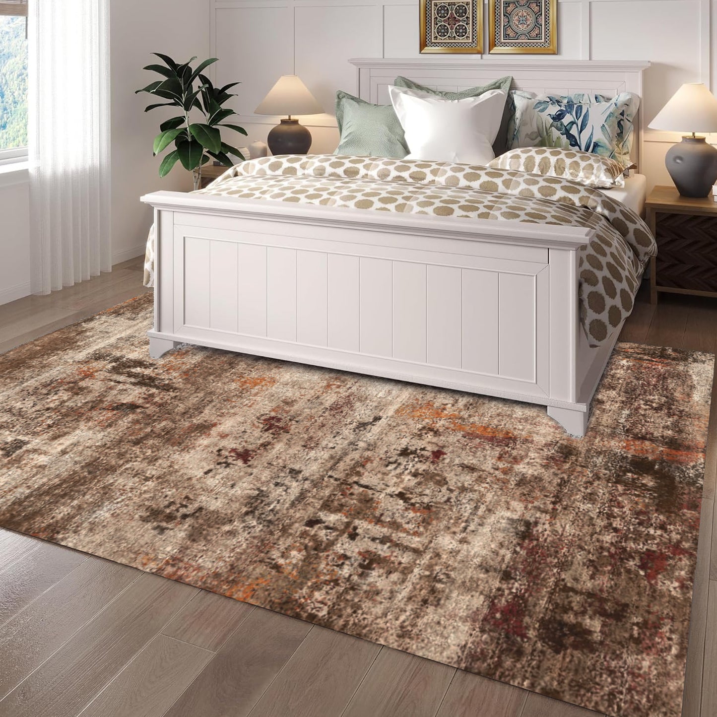 Area Rugs for Living Room 6'x 9' Machine Washable Vintage Print Large Throw Non Slip Bedroom Rugs, Brick Red