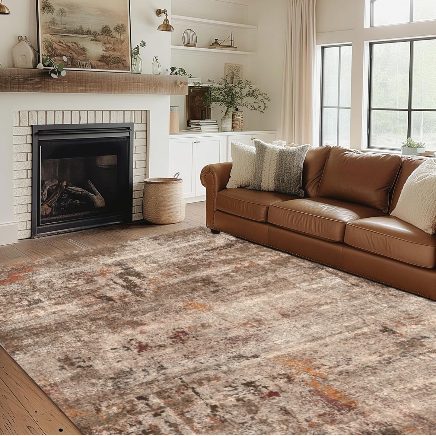 Area Rugs for Living Room 5'x 7' Machine Washable Vintage Print Large Throw Non Slip Bedroom Rugs, Brick Red