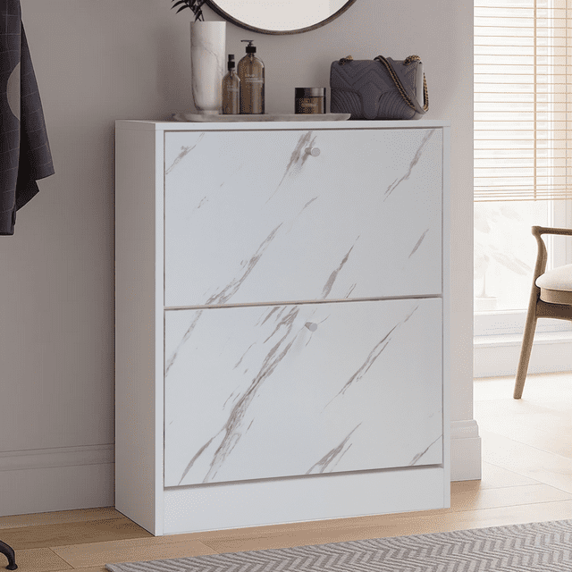 Dowellia 2 Drawer Shoe Cabinet,Wooden Shoes Organizer Cupboard Unit Hallway Furniture,freestanding Entryway 2 tier Modern Shoe Rack Cabinet Footwear Stand for Shoes (Marble White)