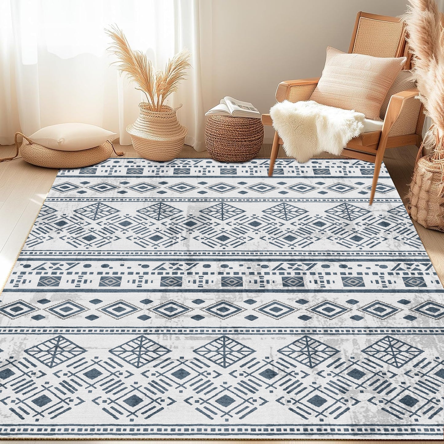 Area Rug 5x7 Black, Washable Boho Large Living Room Rugs Non-Slip, Ultra Soft Geometric Traditional Farmhouse Carpet for Dining Room Bedroom Dorm Office Home Décor