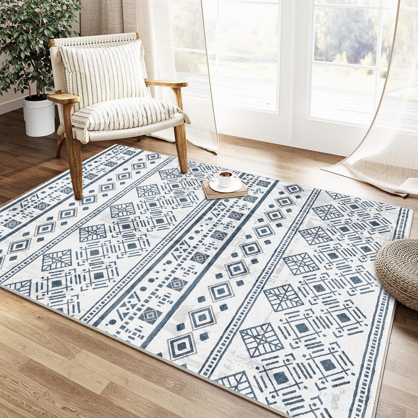 3x5 Black Boho Area Rug for Living Room, Washable Kitchen Rugs Non Slip, Ultra Soft Print Distressed Geometric Low-Pile Entry Throw Carpet for Bedroom Nursery Dorm Decor