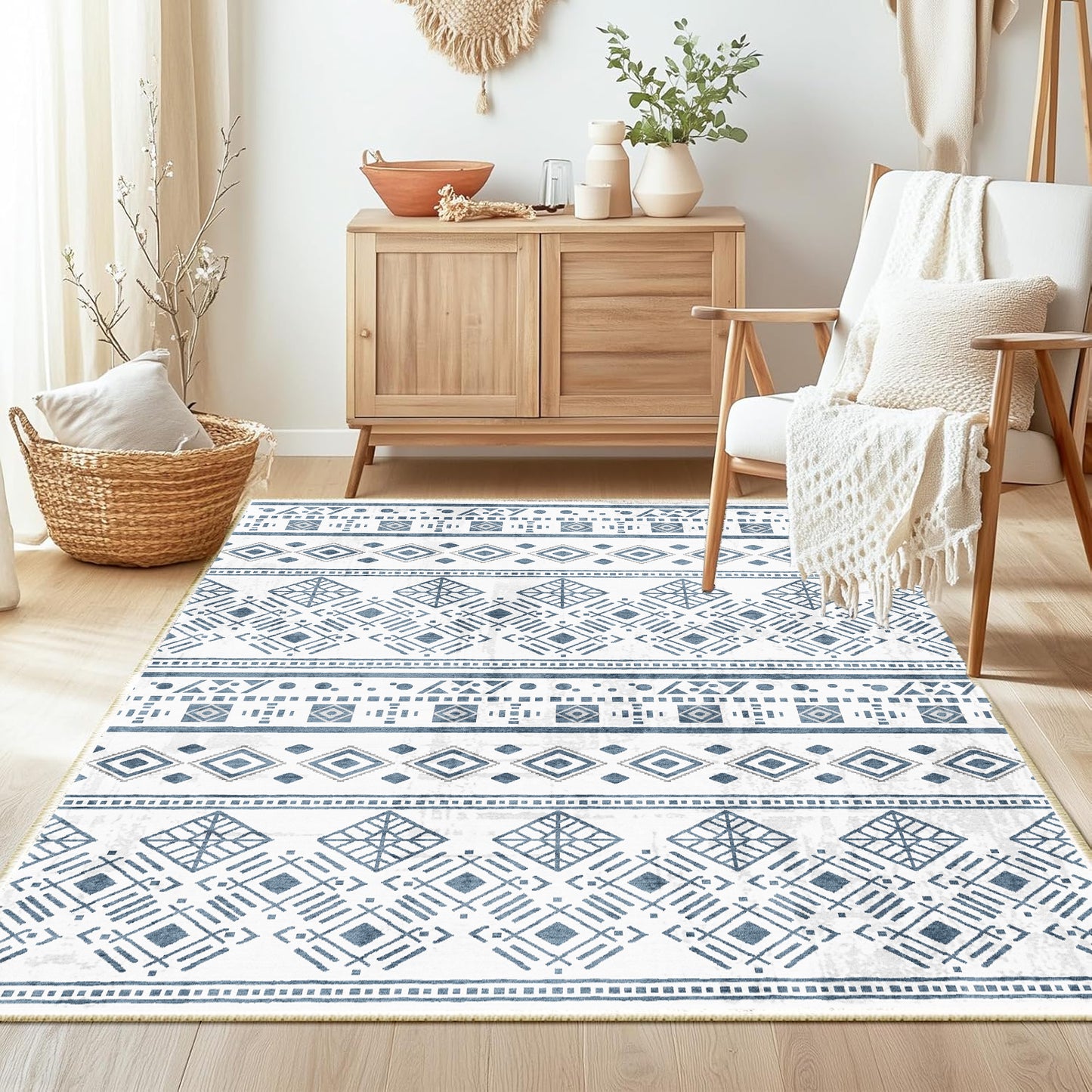 Bedroom Boho Rug 4x6 Black, Washable Area Rugs Non Slip, Ultra Soft Print Distressed Geometric Low-Pile Entry Throw Carpet for Bedroom Nursery Dorm Kitchen Decor