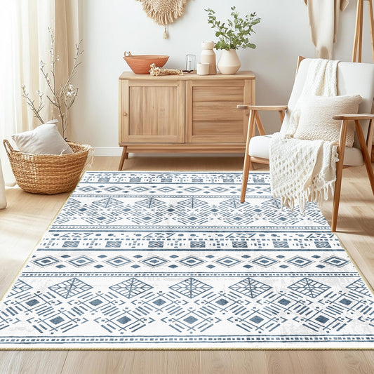 Bedroom Boho Rug 4x6 Black, Washable Area Rugs Non Slip, Ultra Soft Print Distressed Geometric Low-Pile Entry Throw Carpet for Bedroom Nursery Dorm Kitchen Decor