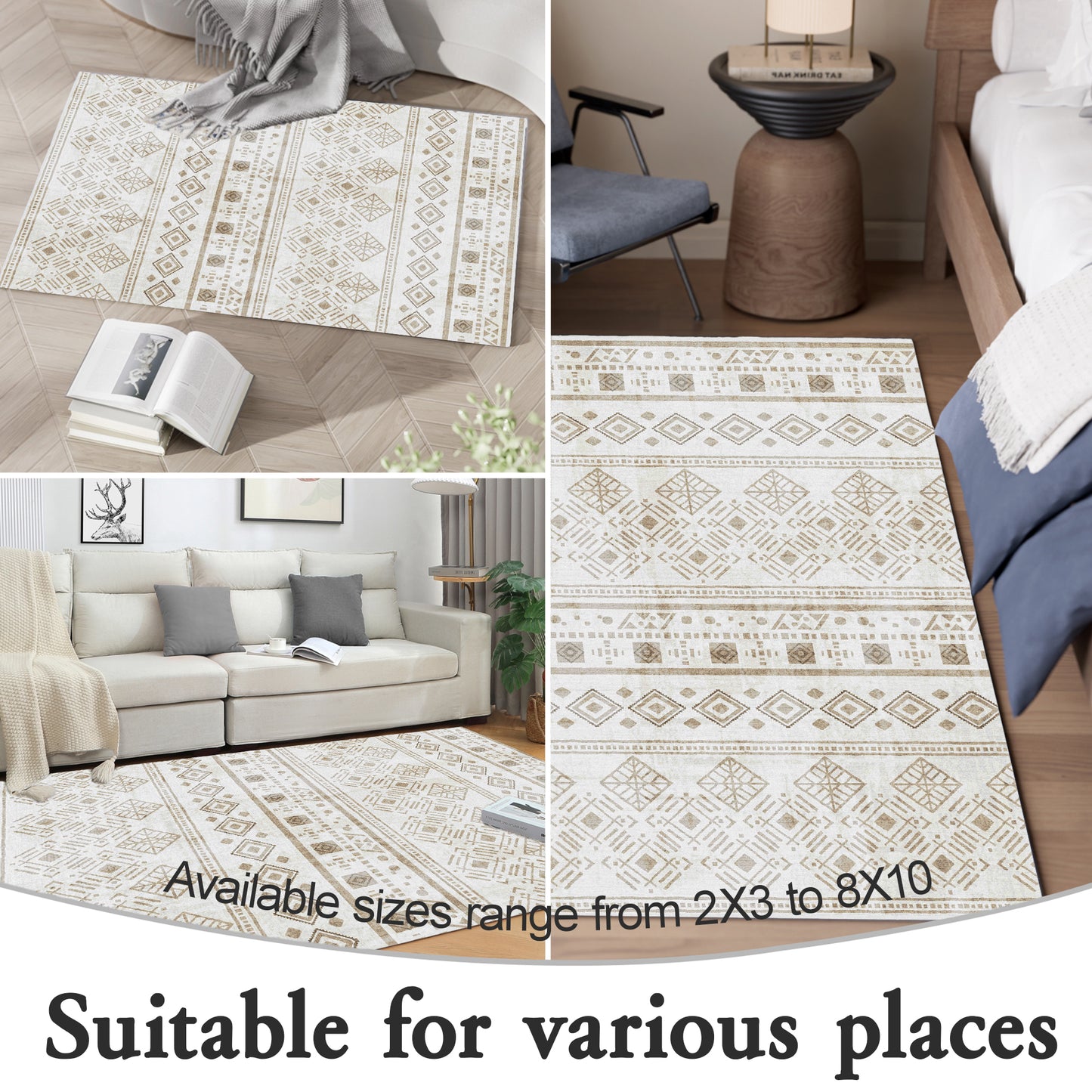 Rugs for Entryway, 2x3 Khaki Washable Small Area Rug, Non-Slip Ultra Soft Vintage Geometric Low-Pile Indoor Door Mat Floor Carpet for Indoor, Entrance, Kitchen