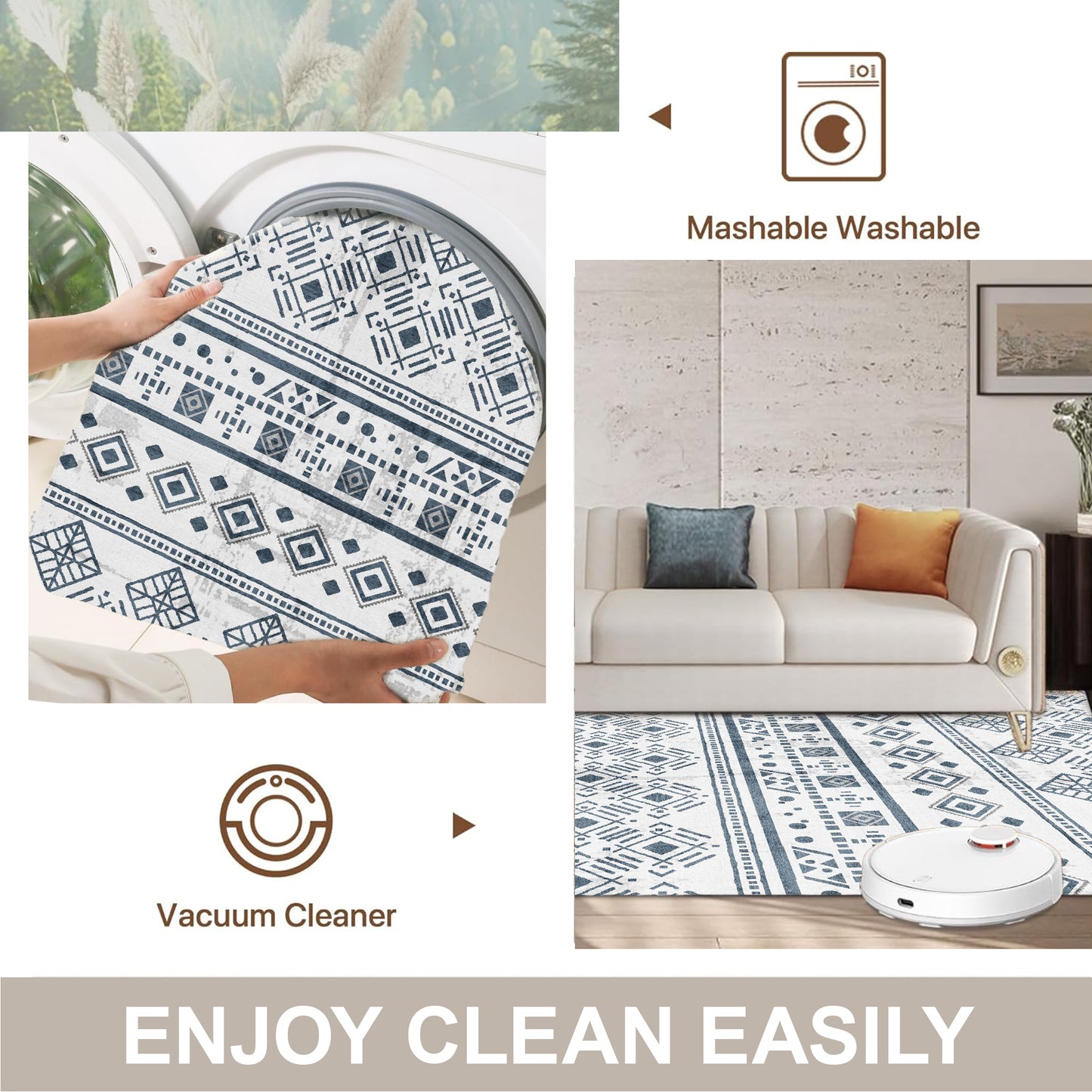 Black Boho 6x9 Area Rugs, Washable Kitchen Entry Rug Non Slip, Ultra Soft Print Distressed Geometric Low-Pile Throw Carpet for Bedroom Nursery Dorm Decor