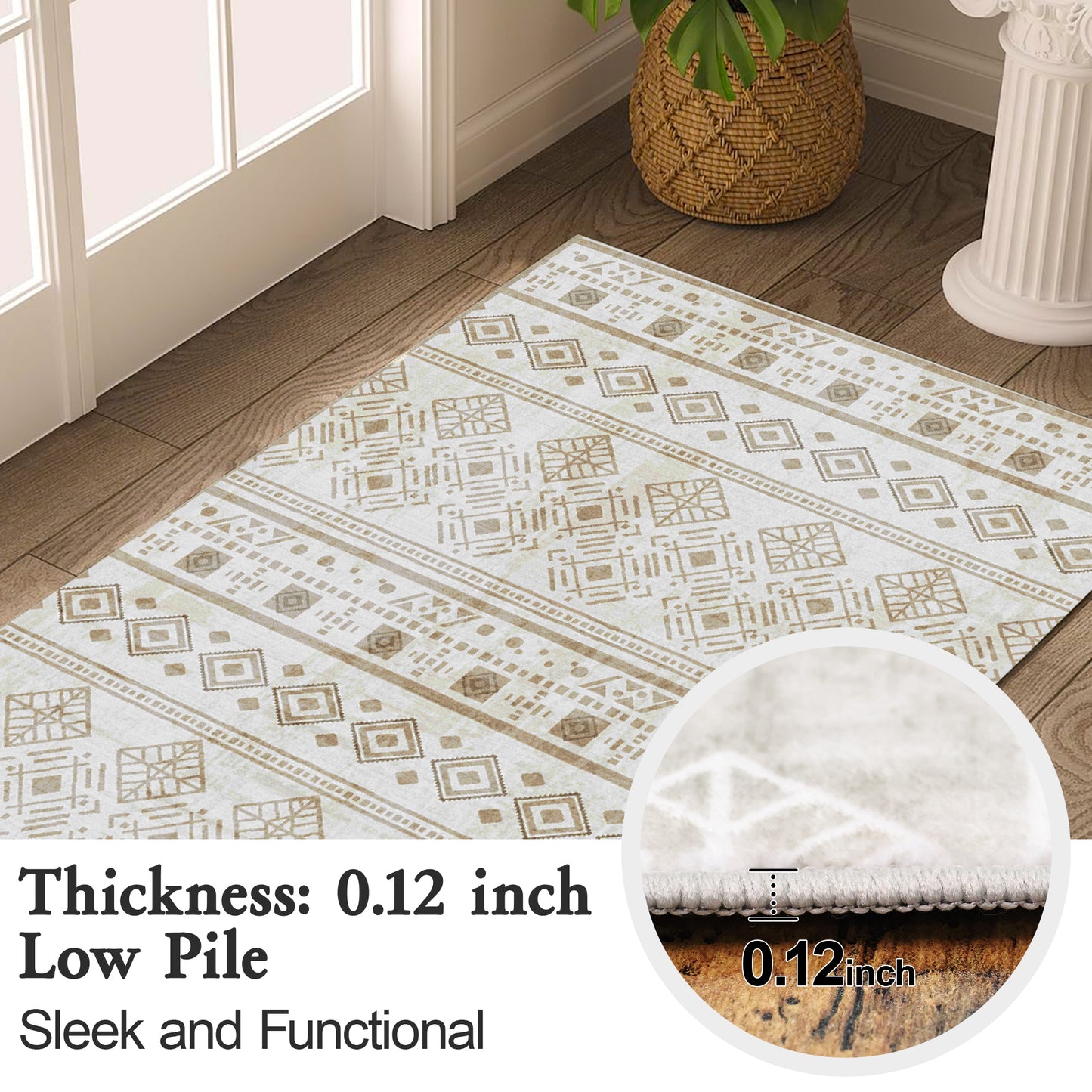 Rugs for Entryway, 2x3 Khaki Washable Small Area Rug, Non-Slip Ultra Soft Vintage Geometric Low-Pile Indoor Door Mat Floor Carpet for Indoor, Entrance, Kitchen