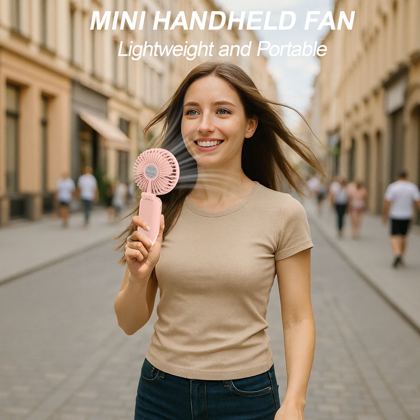 Portable Handheld Fan, Portable Fan with Base, LED Display, 5-Speed Wind, Foldable Fan, Rechargeable 3 in 1 Handheld/Neck/Desk Fan for Outdoor Indoor, Pink