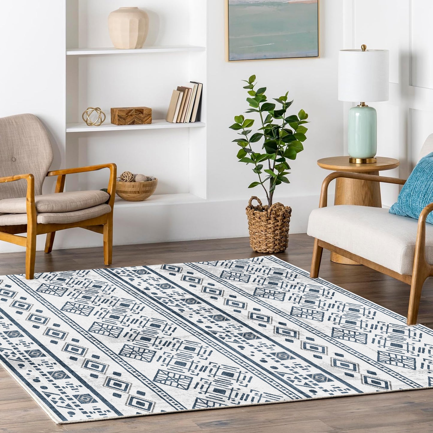 Bedroom Boho Rug 4x6 Black, Washable Area Rugs Non Slip, Ultra Soft Print Distressed Geometric Low-Pile Entry Throw Carpet for Bedroom Nursery Dorm Kitchen Decor