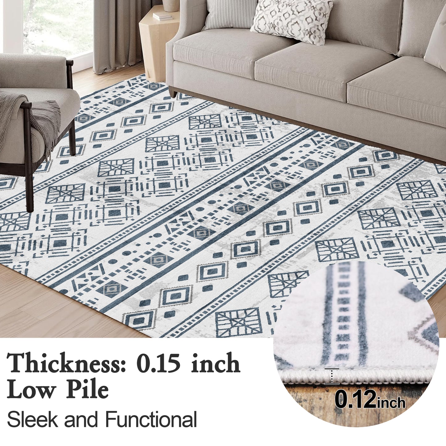 8x10 Rugs for Living Room Black, Washable Boho Area Rug Non-Slip, Ultra Soft Geometric Tribal Traditional Farmhouse Carpet for Dining Room Bedroom Dorm Office Home Decor
