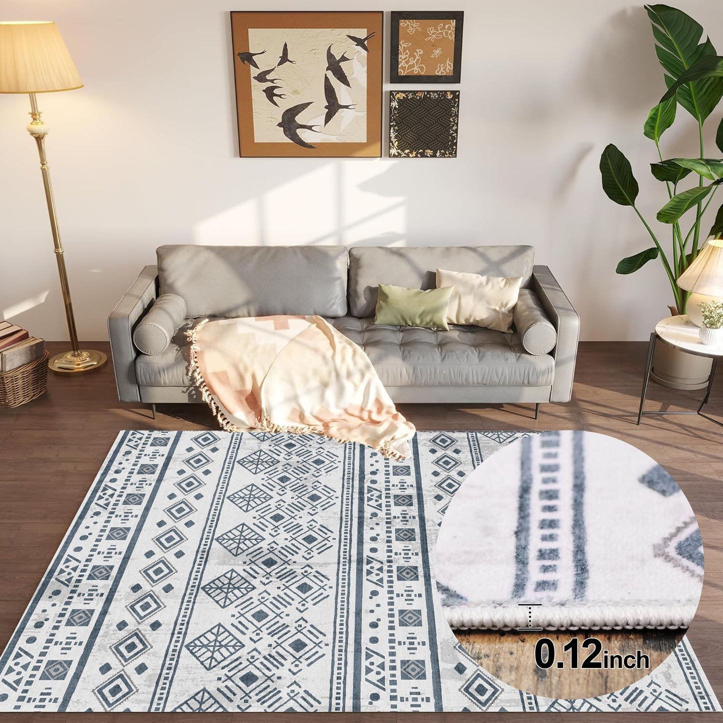 Bedroom Boho Rug 4x6 Black, Washable Area Rugs Non Slip, Ultra Soft Print Distressed Geometric Low-Pile Entry Throw Carpet for Bedroom Nursery Dorm Kitchen Decor