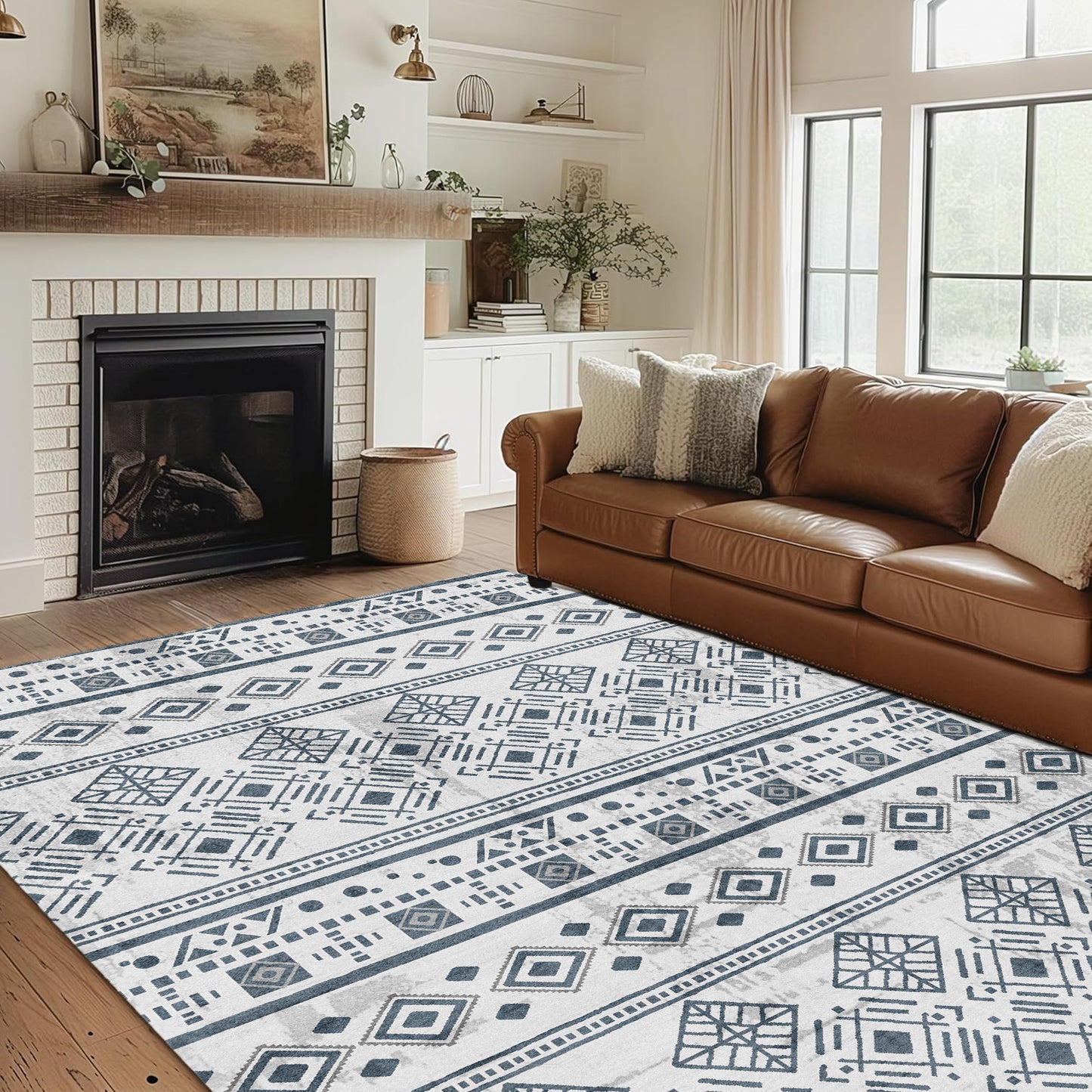 Area Rug 5x7 Black, Washable Boho Large Living Room Rugs Non-Slip, Ultra Soft Geometric Traditional Farmhouse Carpet for Dining Room Bedroom Dorm Office Home Décor