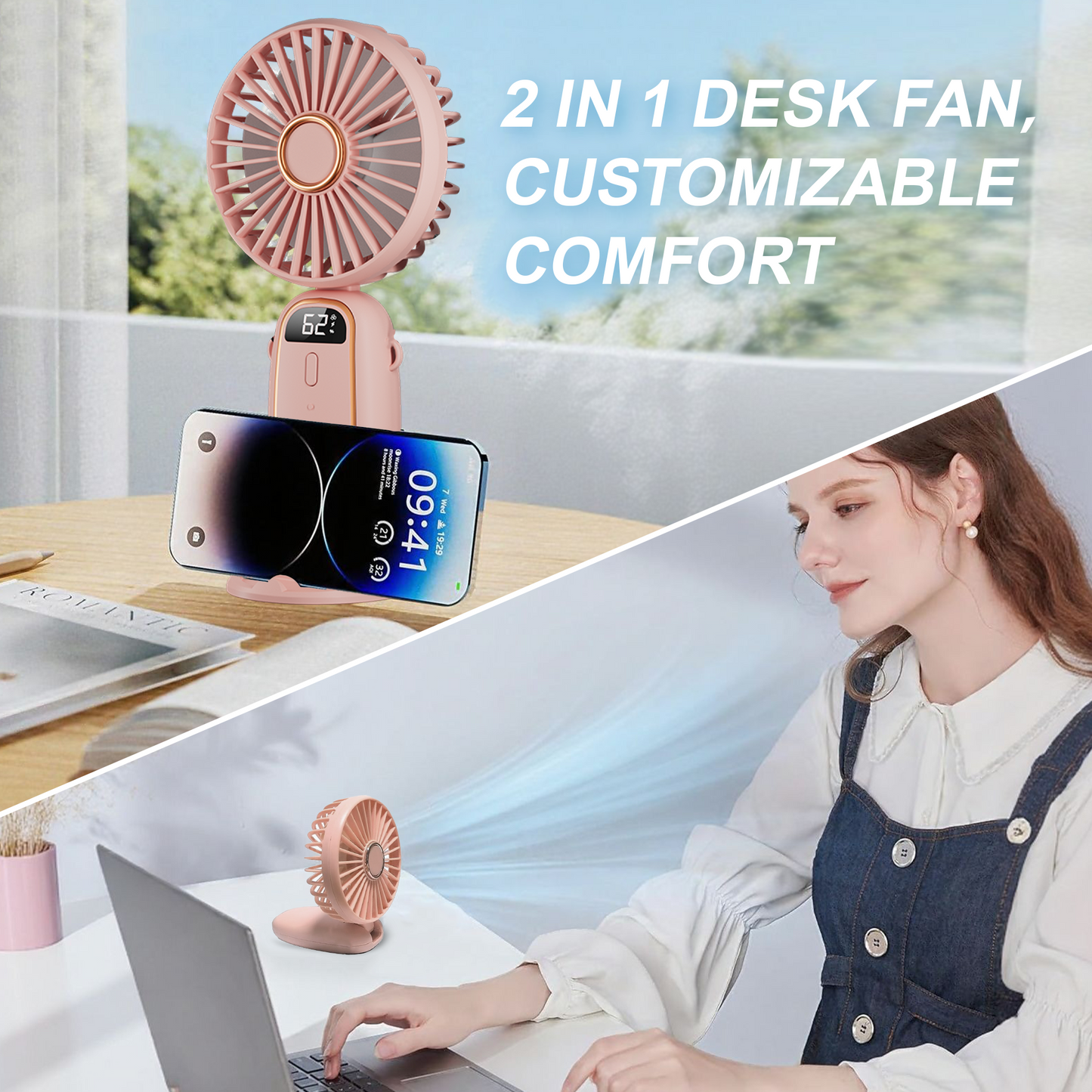 Portable Handheld Fan, Portable Fan with Base, LED Display, 5-Speed Wind, Foldable Fan, Rechargeable 3 in 1 Handheld/Neck/Desk Fan for Outdoor Indoor, Pink