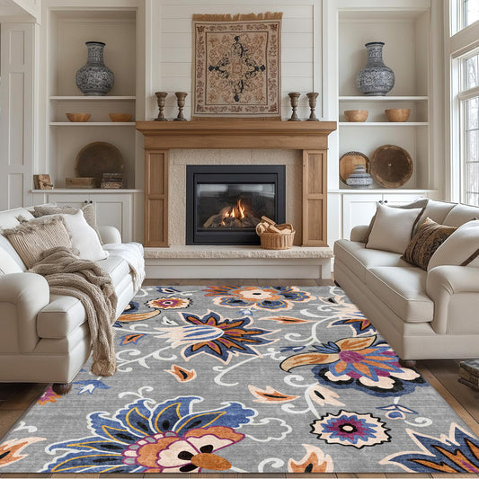 Floral Area Rug 6x9 Living Room Rug Non Slip Washable Bedroom Rug Soft Low Pile Flowers Floor Carpet for Living Dining Room,Blue