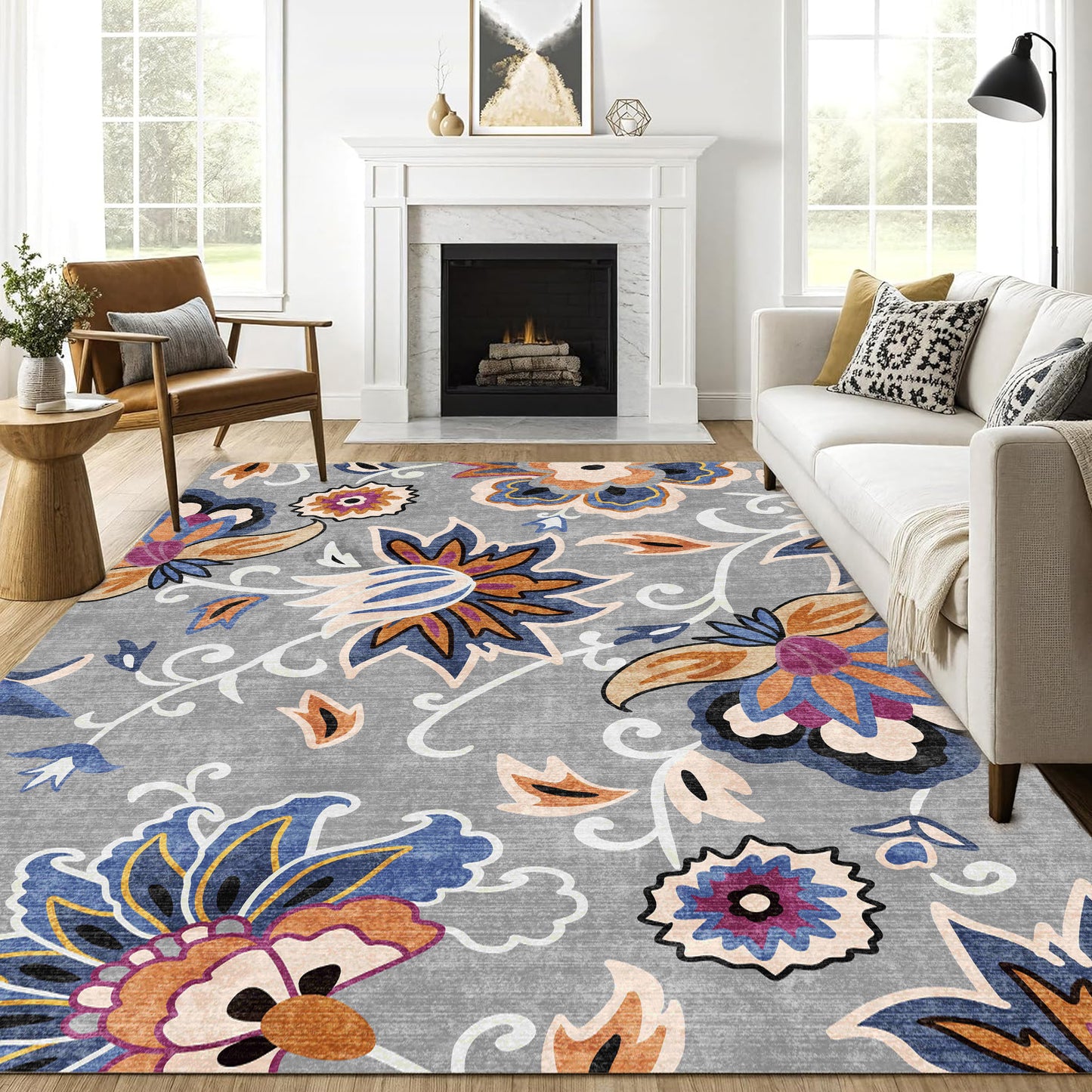 Floral Area Rug 8x10 Living Room Rug Non Slip Washable Bedroom Rug Soft Low Pile Flowers Floor Carpet for Dining Room,Blue