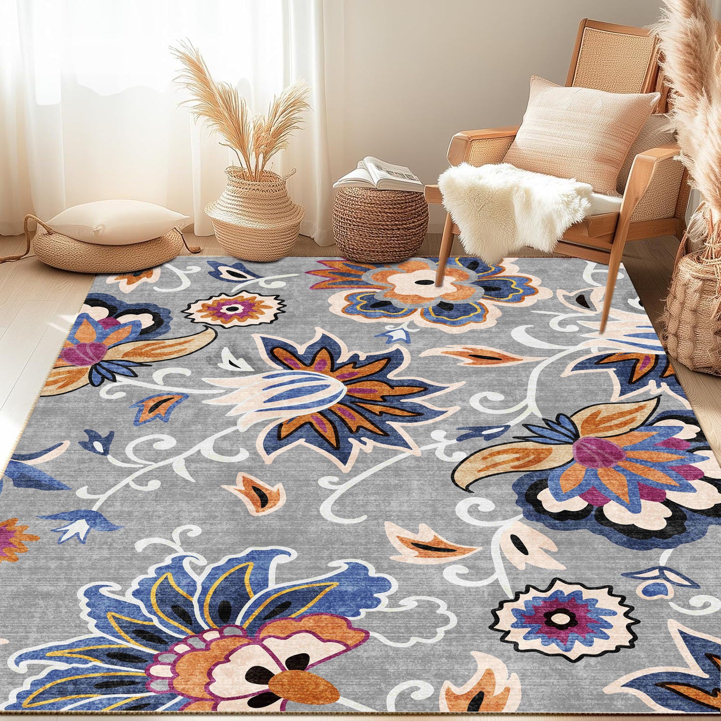 Floral Area Rug 5x7 Living Room Rug Non Slip Washable Bedroom Rug Soft Low Pile Flowers Floor Carpet for Living Dining Room,Blue