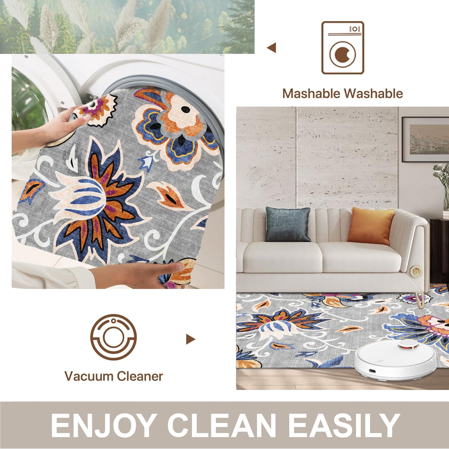 Floral Area Rug 6x9 Living Room Rug Non Slip Washable Bedroom Rug Soft Low Pile Flowers Floor Carpet for Living Dining Room,Blue