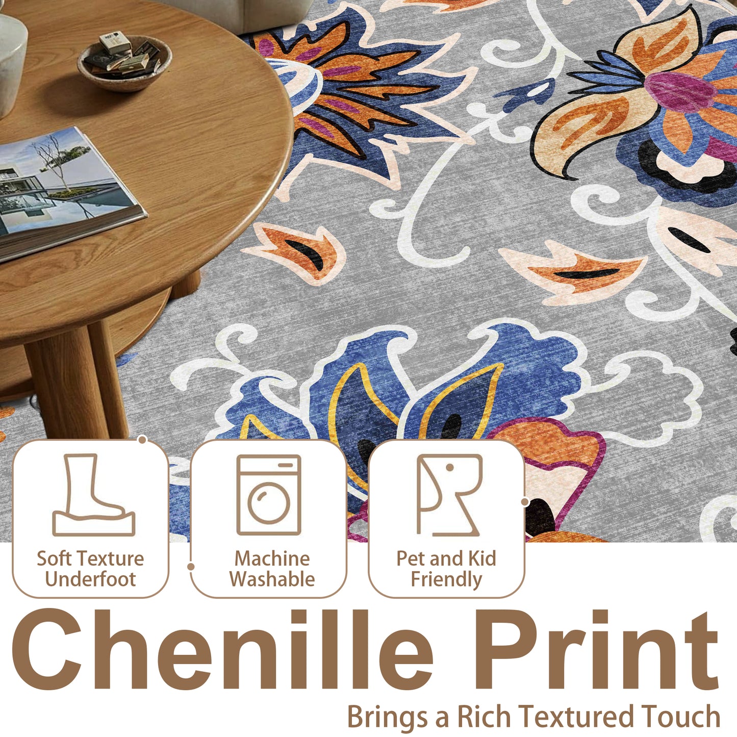 Floral Area Rug 5x7 Living Room Rug Non Slip Washable Bedroom Rug Soft Low Pile Flowers Floor Carpet for Living Dining Room,Blue