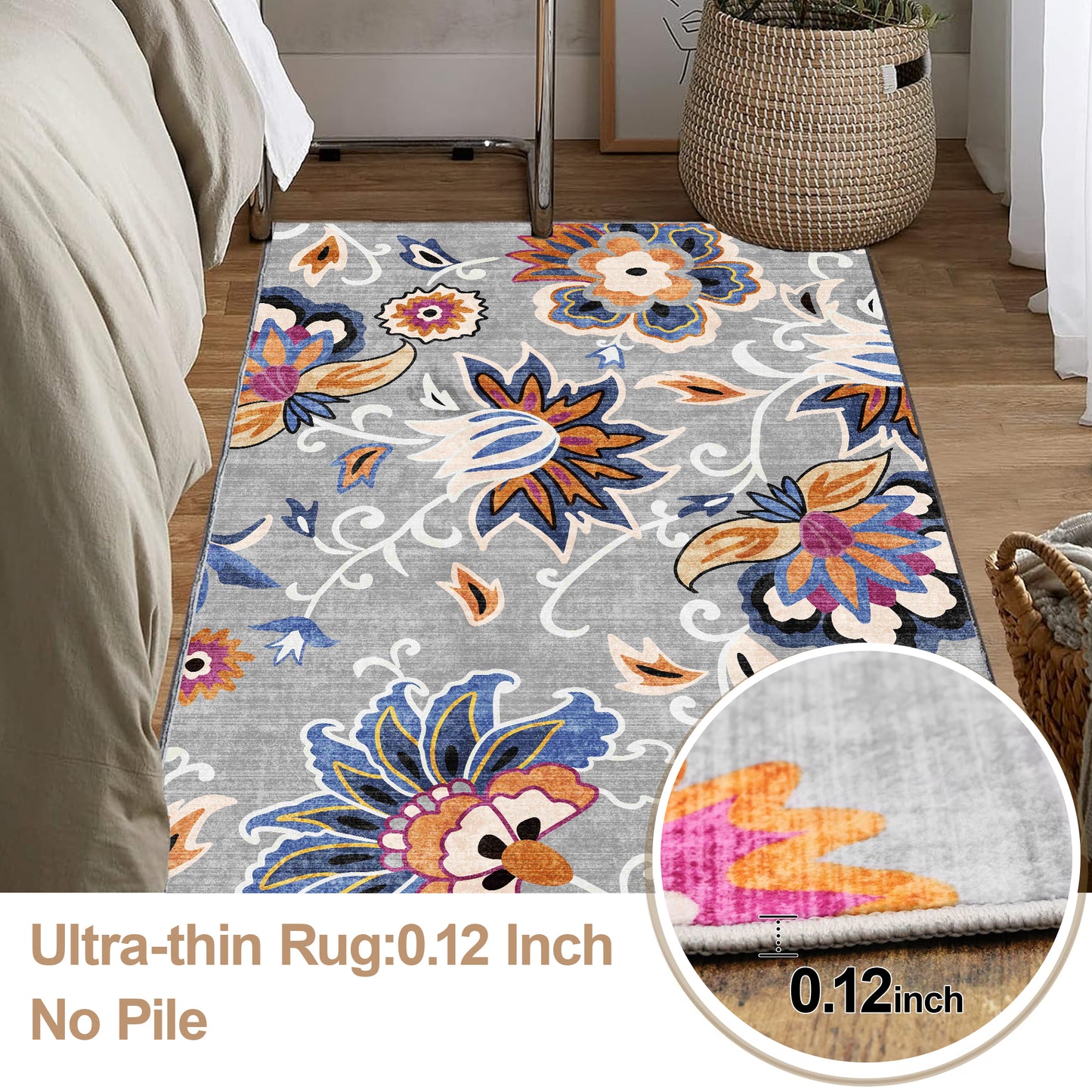 Floral Area Rug 3x5 Bedroom Rug Non Slip Washable Living Room Rug Soft Low Pile Flowers Carpet for Entryway,Blue