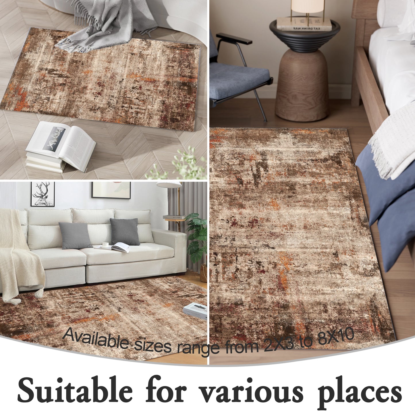 Area Rugs for Living Room 2'x 3' Machine Washable Vintage Print Large Throw Non Slip Bedroom Rugs, Brick Red
