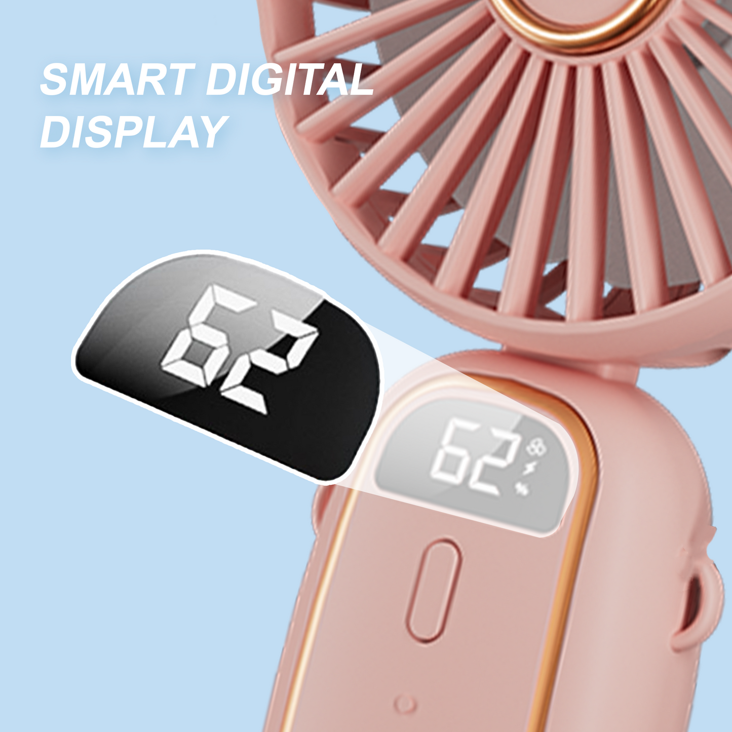 Portable Handheld Fan, Portable Fan with Base, LED Display, 5-Speed Wind, Foldable Fan, Rechargeable 3 in 1 Handheld/Neck/Desk Fan for Outdoor Indoor, Pink