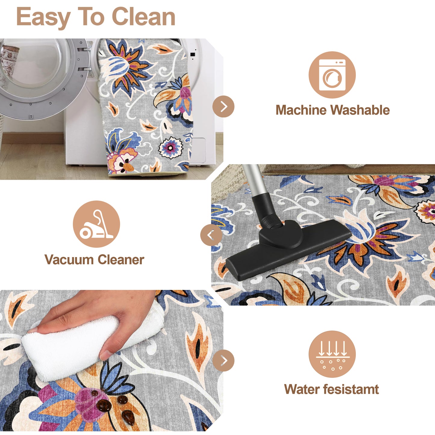 Floral Area Rug 3x5 Bedroom Rug Non Slip Washable Living Room Rug Soft Low Pile Flowers Carpet for Entryway,Blue