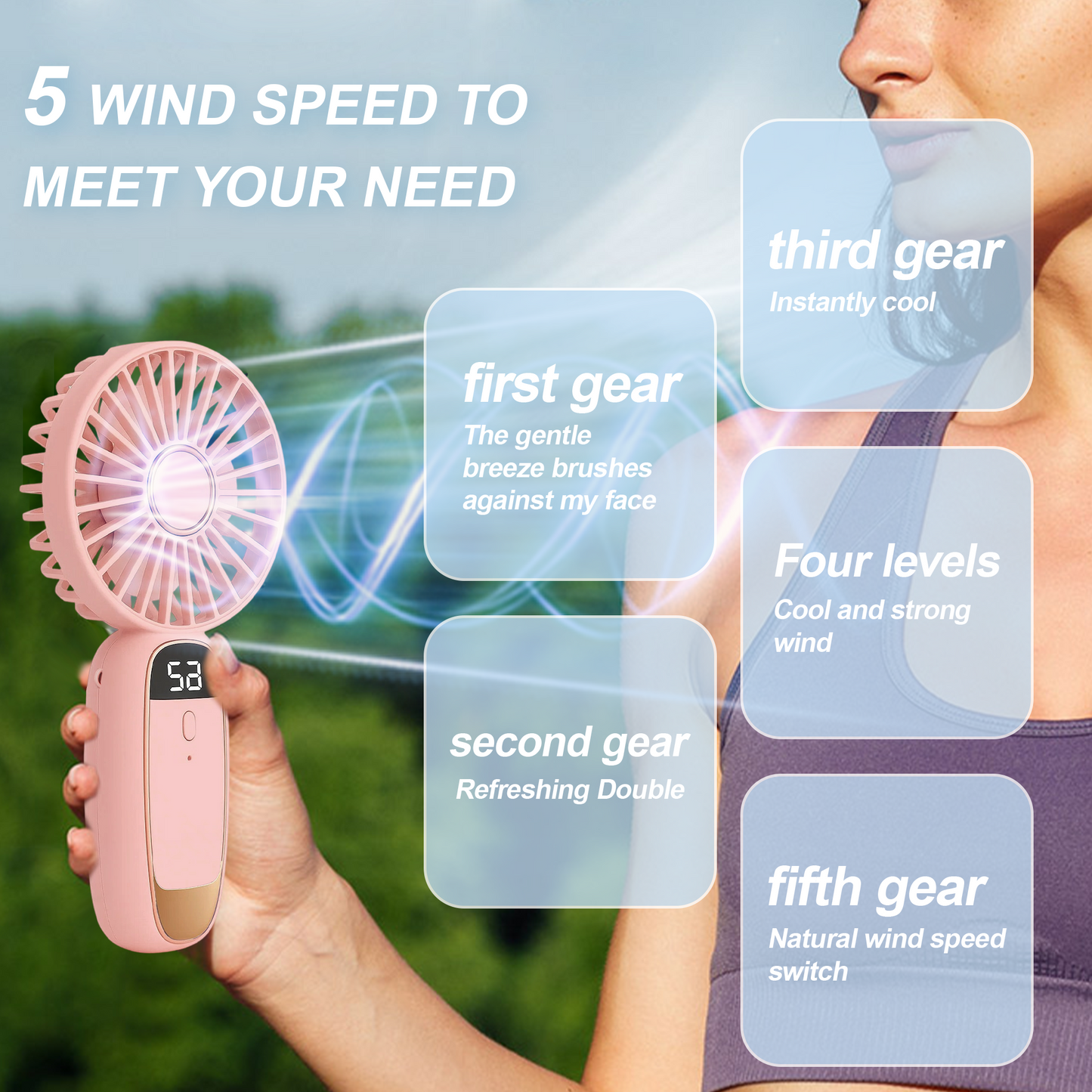 Portable Handheld Fan, Portable Fan with Base, LED Display, 5-Speed Wind, Foldable Fan, Rechargeable 3 in 1 Handheld/Neck/Desk Fan for Outdoor Indoor, Pink