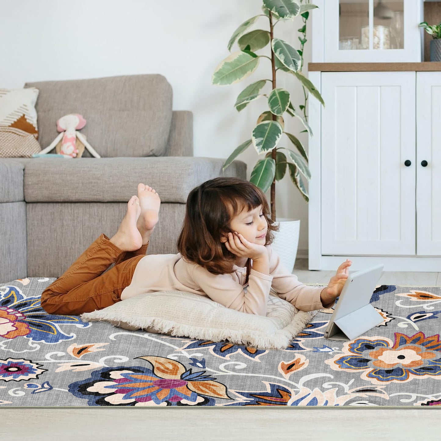 Floral Area Rug 3x5 Bedroom Rug Non Slip Washable Living Room Rug Soft Low Pile Flowers Carpet for Entryway,Blue