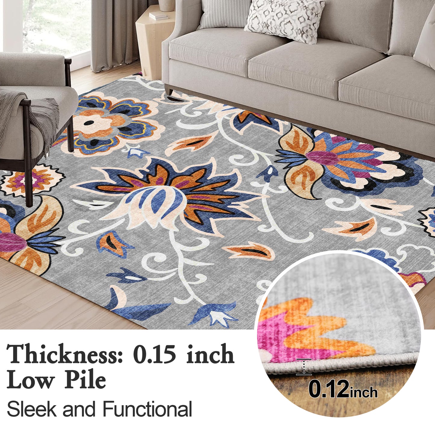 Floral Area Rug 8x10 Living Room Rug Non Slip Washable Bedroom Rug Soft Low Pile Flowers Floor Carpet for Dining Room,Blue