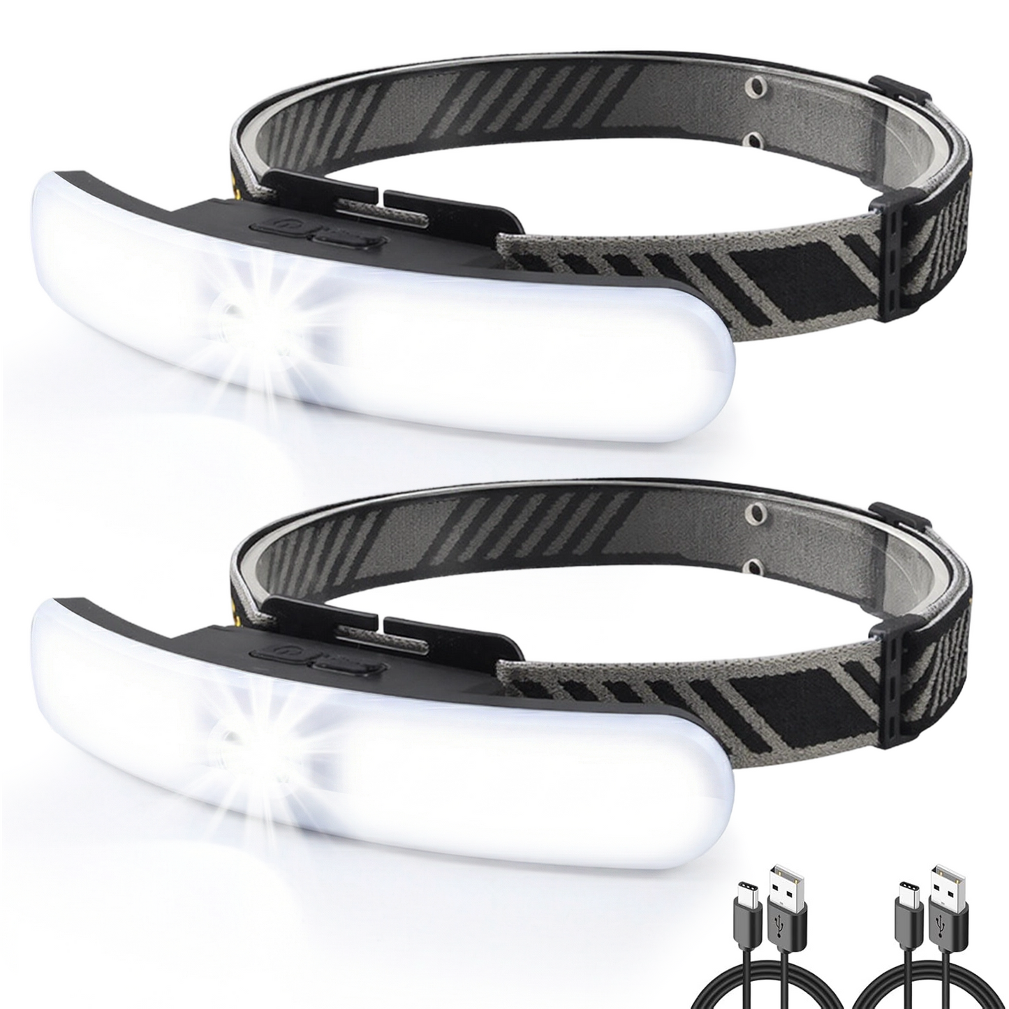 Dowellia LED Headlamp Rechargeable, 230° Wide Beam Head Lamp with 1 Spotlights, 6 Modes, 90° Adjustable & Waterproof Headlight for Camping Hiking Running Fishing Repairing (2Pack)