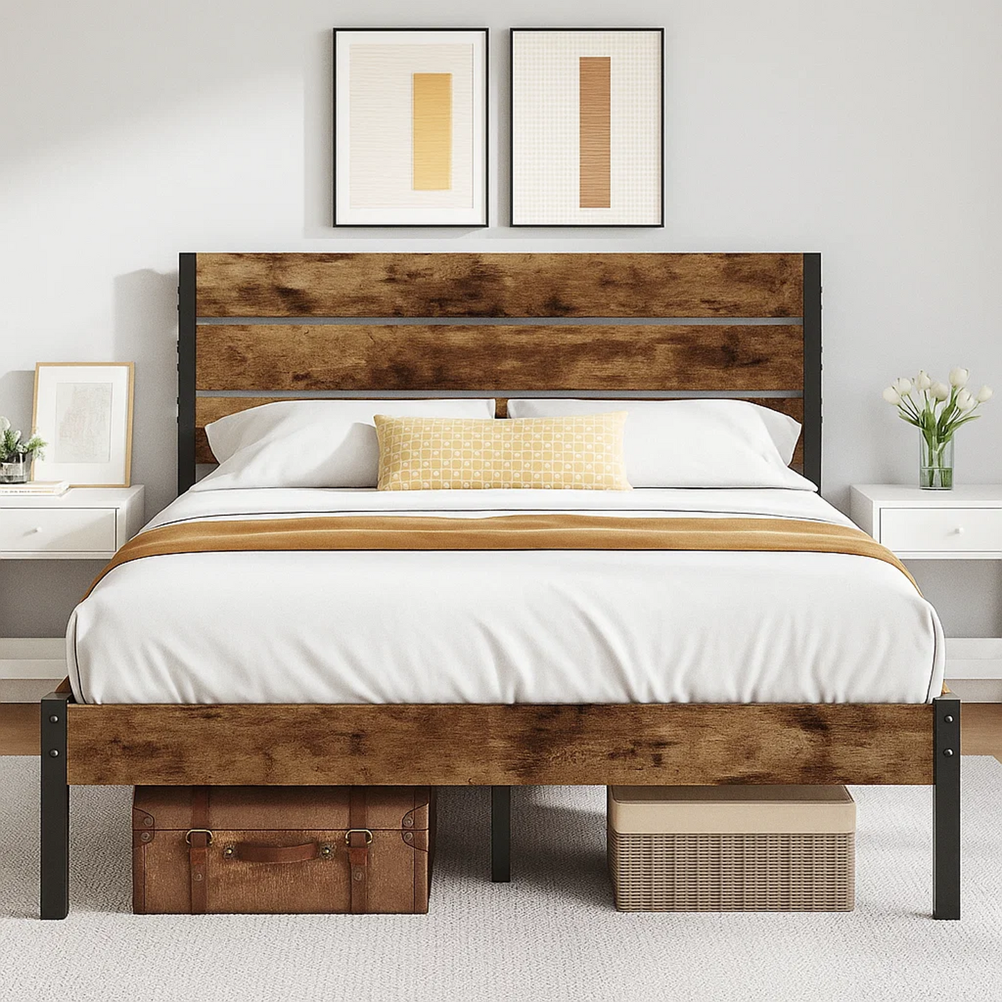 Dowellia Queen Bed Frame with Headboard and Footboard, Metal Support, Rustic Brown