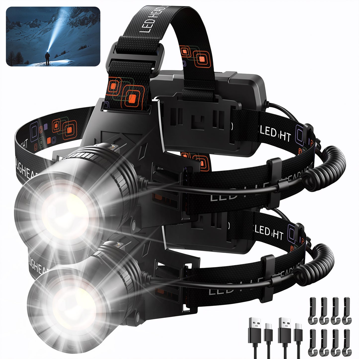 Dowellia LED Headlamp Rechargeable, 1000 Lumen Head Lamp with 3 Modes, IPX6 Waterproof, Zoomable & 90° Adjustable Headlight for Outdoor, Camping, Hiking, Hardhat, 2 Pack