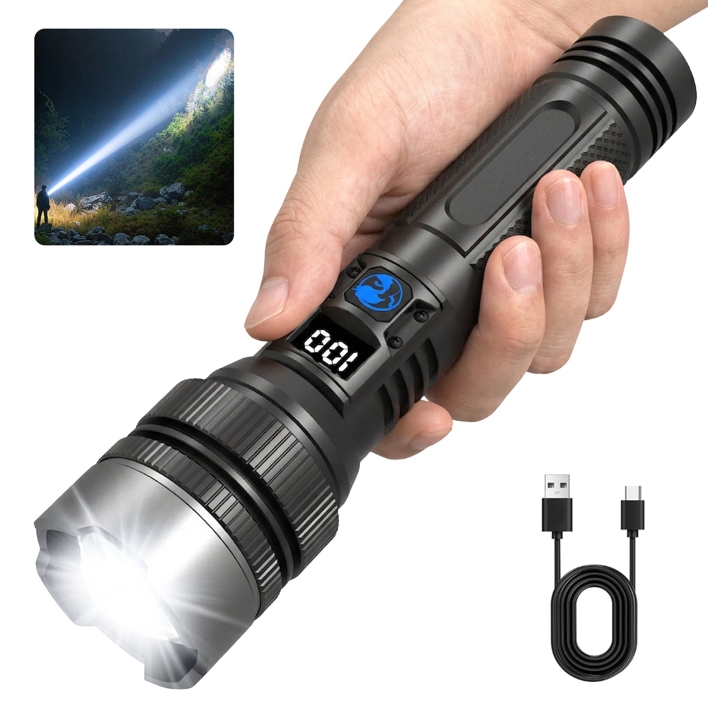 Dowellia Rechargeable Flashlight High Lumens Portable Flash Light with LCD Digital Display, 3 Modes, Waterproof Zoomable Torch for Hiking Camping Emergency Home and Outdoor Use