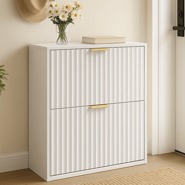 Dowellia Shoe storage cabinet with 2 flip-out drawers, Narrow shoe storage cabinet for entrance hall, Shoe storage cabinet in white wood