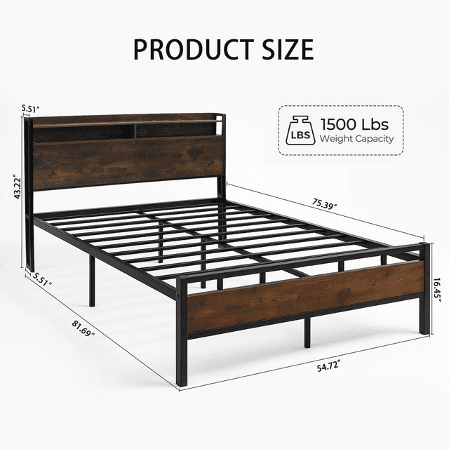Full size Bed Frame with Storage Headboard, LED Lights and USB Charging Station, Metal Bed Frame, Rustic Brown